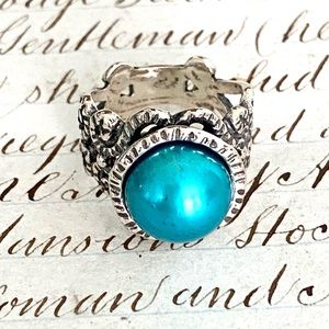 Stunning Didae Israel Teal Blue Pearl Sterling Silver Filigree Ring Size 5